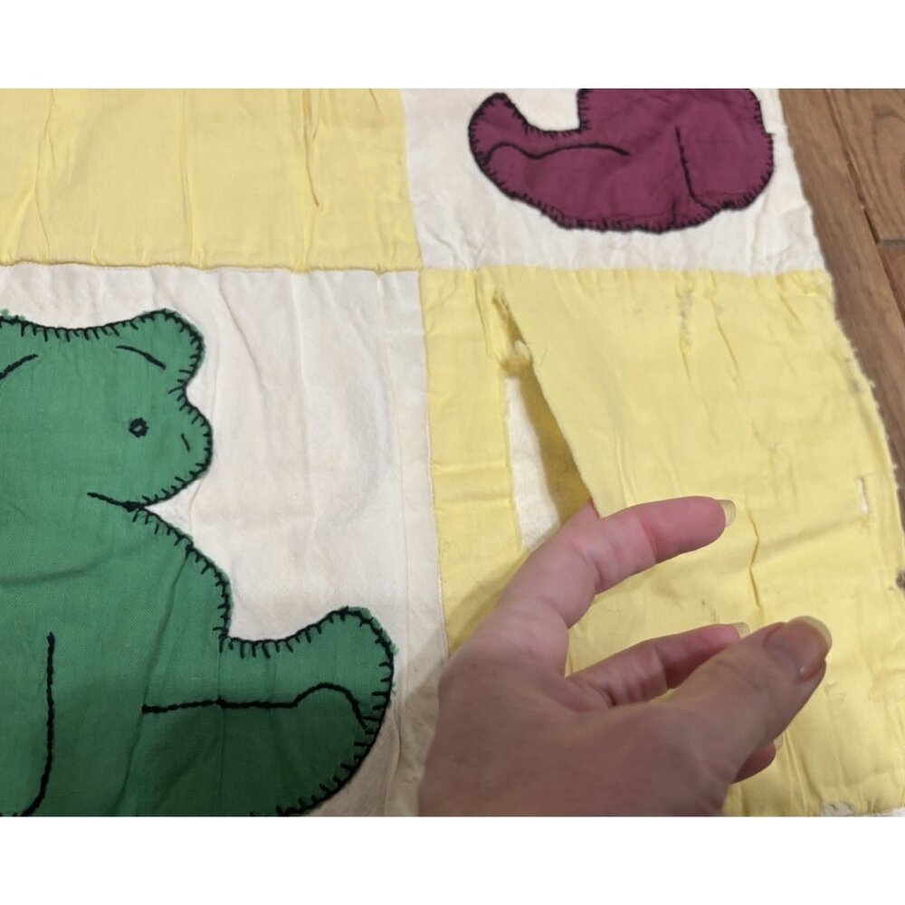 Vintage Handmade Patchwork Baby Quilt Teddy Bears 1940's Damaged READ - Picture 5 of 9